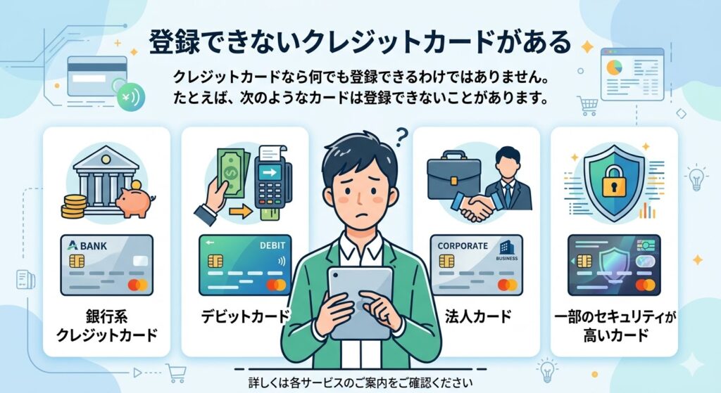 登録できないクレジットカードの4つの例（銀行系、デビット、法人、高セキュリティカード）を解説するインフォグラフィック画像