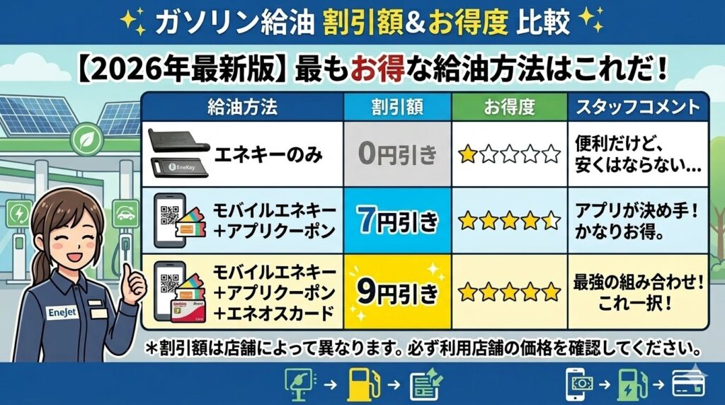 【2026年最新】エネキー・モバイルエネキー・エネオスカードを組み合わせた給油割引額の比較表。最強の組み合わせでリッター9円引きになることを紹介。