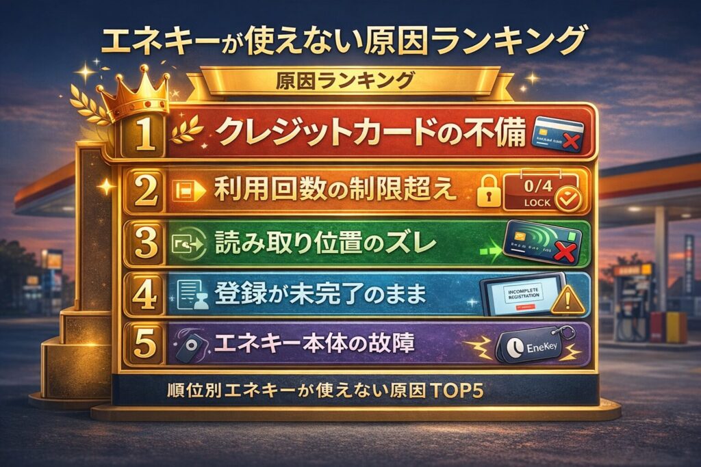 エネキーが使えない原因ランキングTOP5を元ガソリンスタンド店員の視点で解説した図