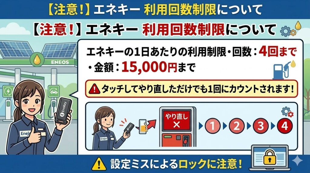 エネキーの1日利用回数制限（4回まで）を解説するインフォグラフィック。タッチしてやり直しただけでも1回にカウントされ、ロックがかかる注意を呼びかけている。