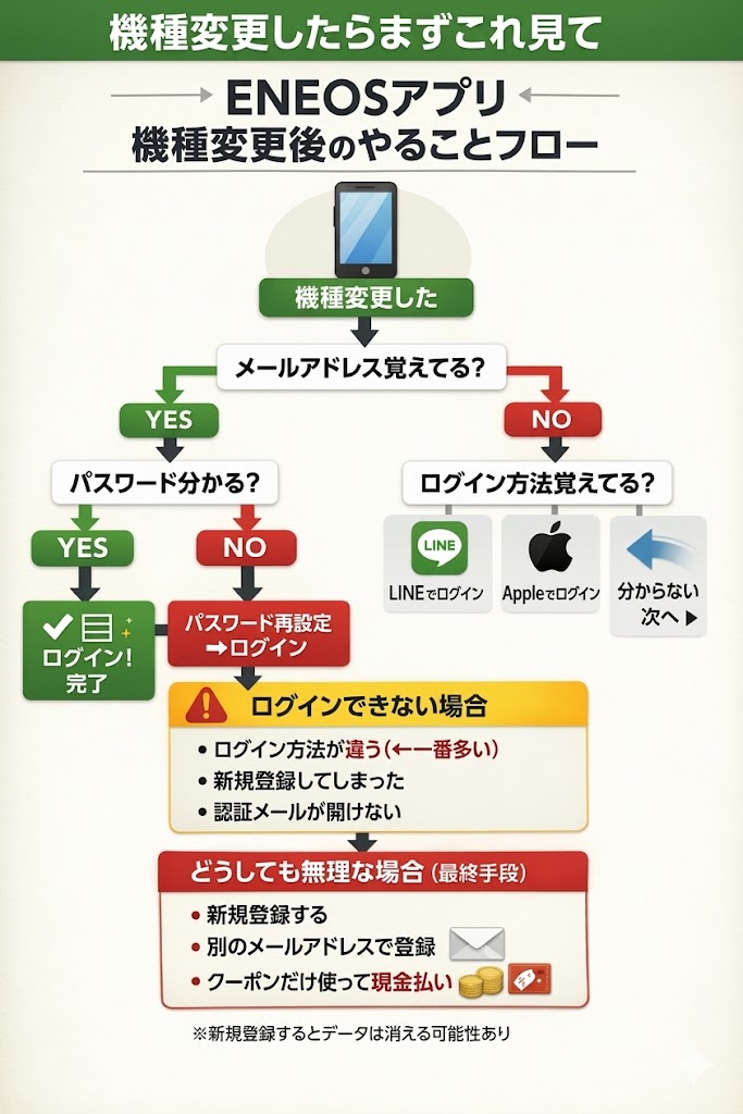 ENEOSアプリの機種変更後ログイン手順をまとめたフローチャート画像。メールアドレスやパスワードを忘れた場合の分岐や、どうしてもログインできない時の最終手段(新規登録や現金払い)を分かりやすく解説。