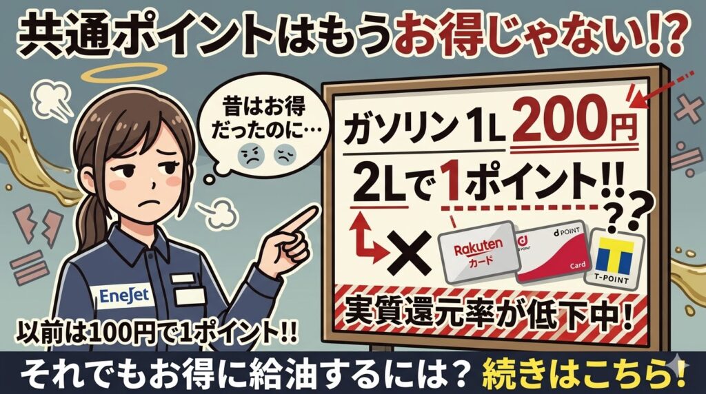 ガソリンスタンドの看板の前で、昔より悪化したポイント還元率（「200円/Lで2L＝1pt」など）と、大手共通ポイント（楽天、d、T）に「X（バツ）」がつけられている、ガッカリするイラスト