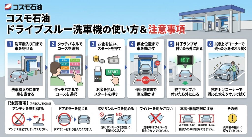 コスモ石油のドライブスルー洗車機の使い方と注意点をまとめたインフォグラフィック。6つのステップと、アンテナ・ドアミラーなどの事前確認事項をイラストで解説。