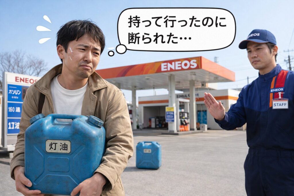 エネオスで灯油引き取りを断られて困っている男性とポリタンクのイメージ