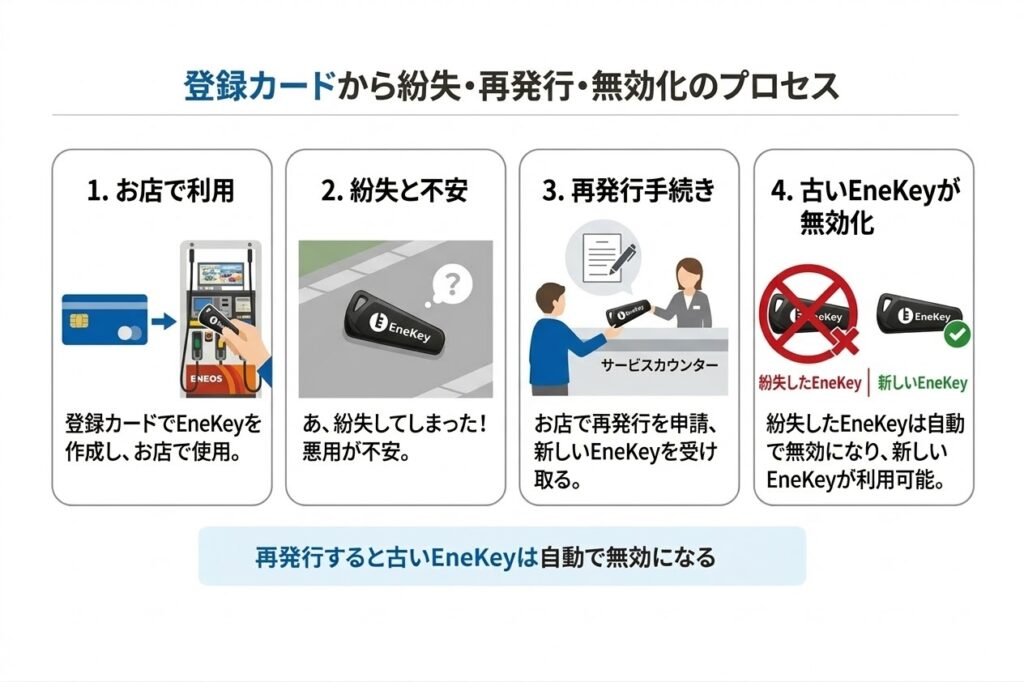 登録したクレジットカードを持ってガソリンスタンドへ行き、EneKey（エネキー）を再発行する手順の図解。再発行すると紛失した古いエネキーは自動的に無効になり、悪用を防げる仕組みを解説。