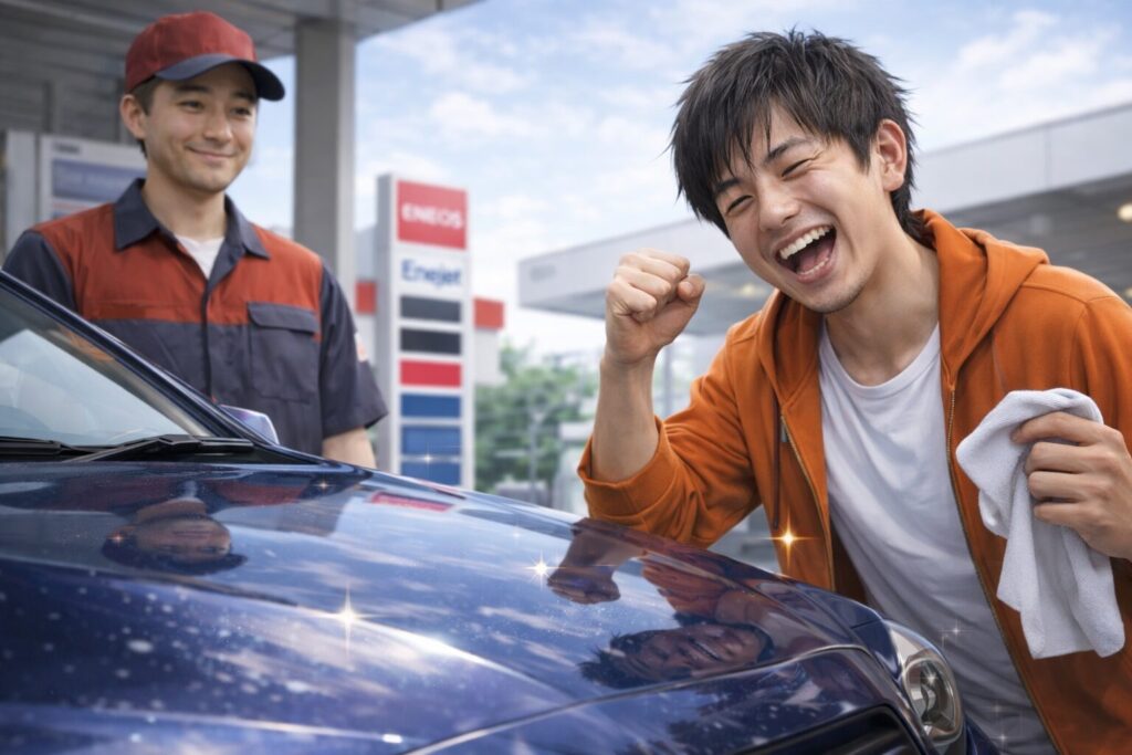 洗車機のコーティング洗車で車が綺麗になり喜ぶドライバー