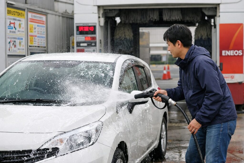 風が強い日に洗車をすると砂埃で傷がつくリスクを警告する画像