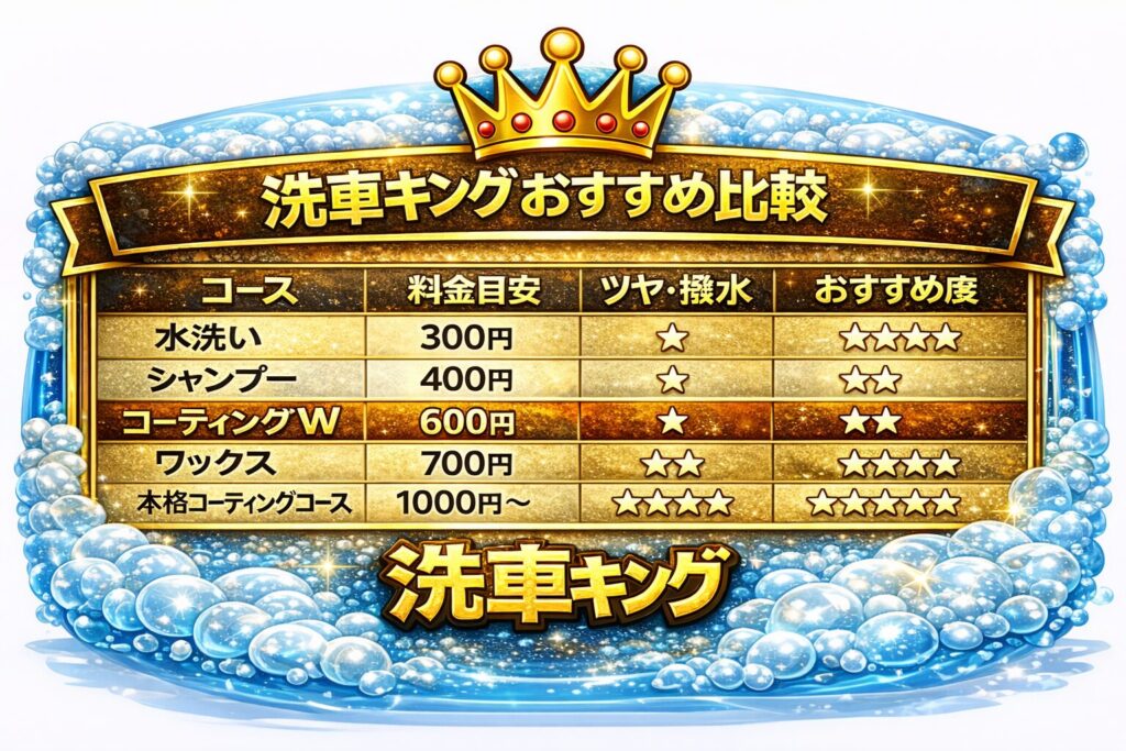 洗車機コース比較（水洗い・シャンプー・コーティングウォッシュ・ワックス・本格コーティング）の料金とおすすめ度