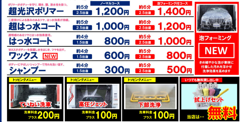 洗車機の撥水コートと泡オプションが載ったメニュー表