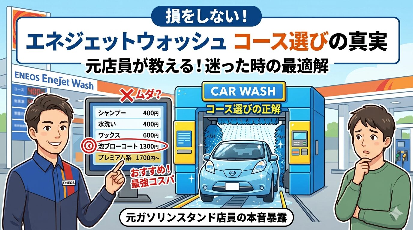 エネジェットウォッシュのコース選びに悩むユーザーと、おすすめの「泡ブローコート」を解説する元店員の比較イラスト
