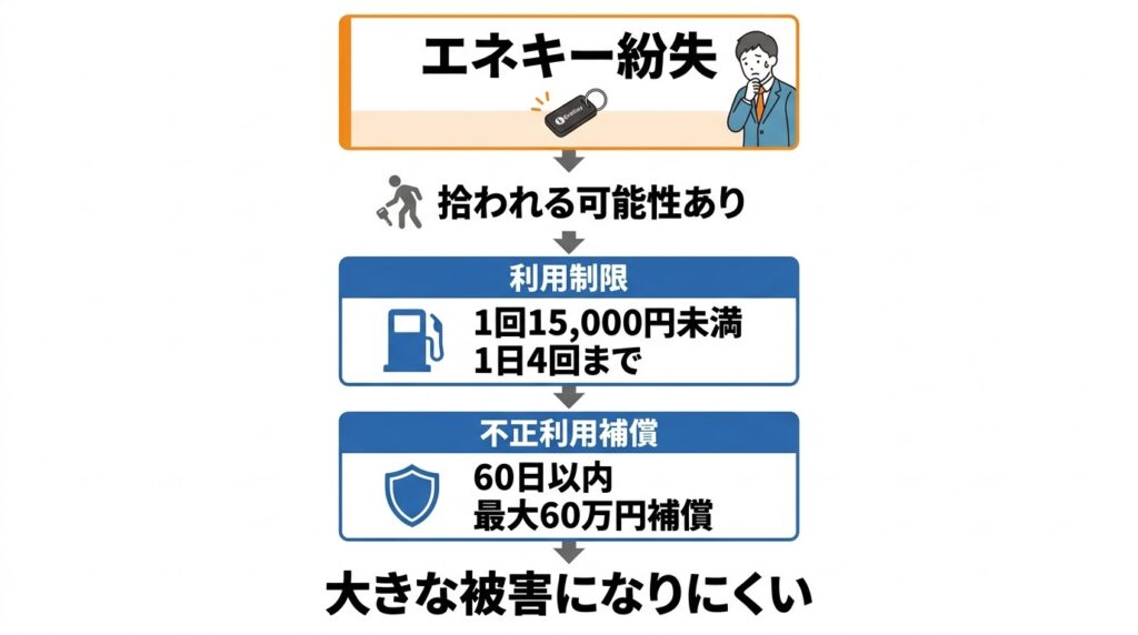 エネキー紛失時のリスクと補償制度の解説図。利用制限（1回1.5万円未満、1日4回）と60日間の不正利用補償について。