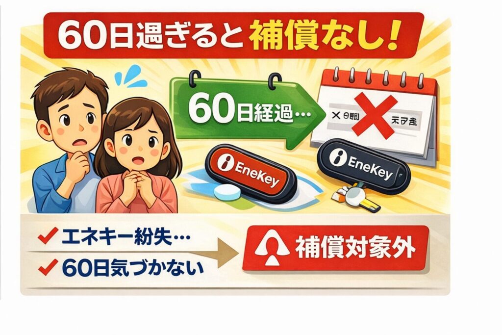 エネキーを紛失して60日が経過し、不正利用の補償対象外になるリスクを警告するイメージ画像
