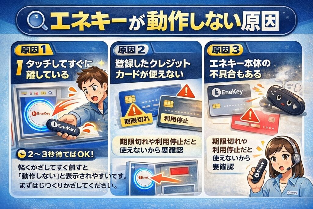 エネキーが反応しない原因を解説した図解（タッチ時間・クレジットカード・本体不具合）