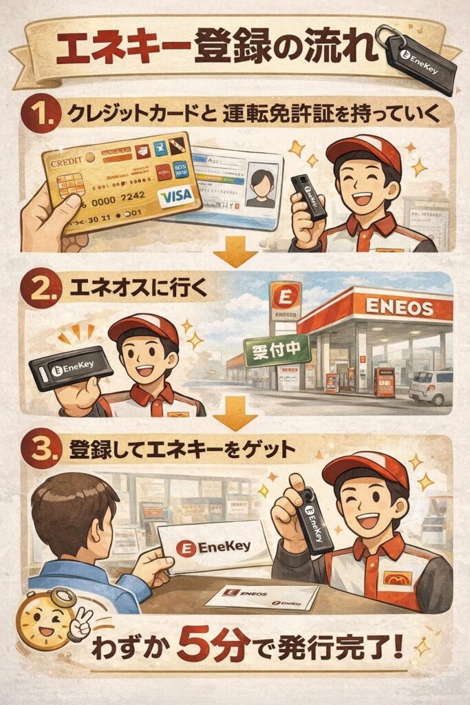 エネキー登録方法の3ステップをまとめた画像