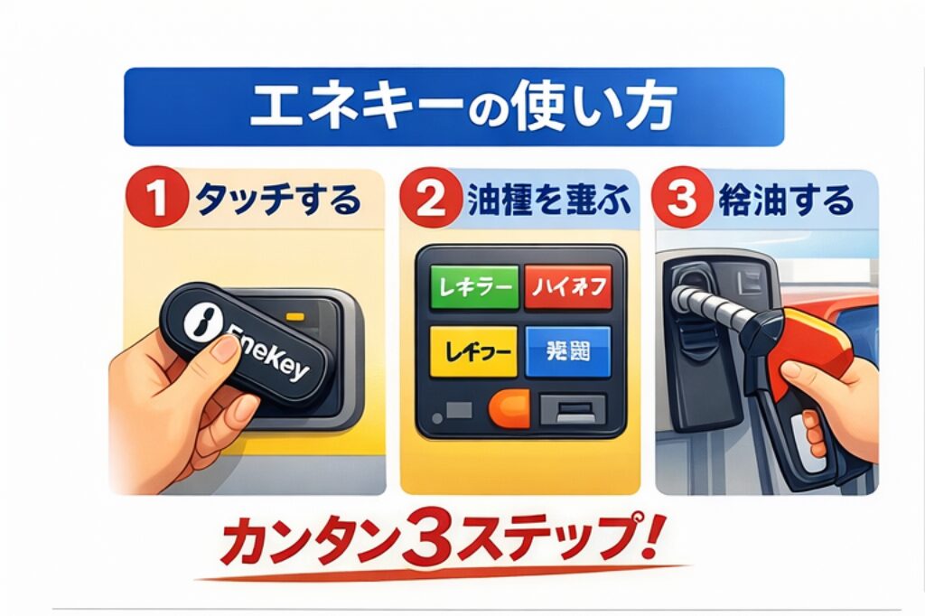 エネキーの使い方を図解。①タッチする②油種を選ぶ③給油するの3ステップ