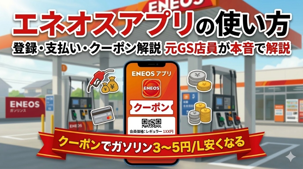 エネオスアプリの使い方を解説したアイキャッチ。登録・支払い・クーポン情報を元GS店員が本音で紹介。中央には「クーポンでガソリン3〜5円/L安くなる」という特典を強調したデザイン。