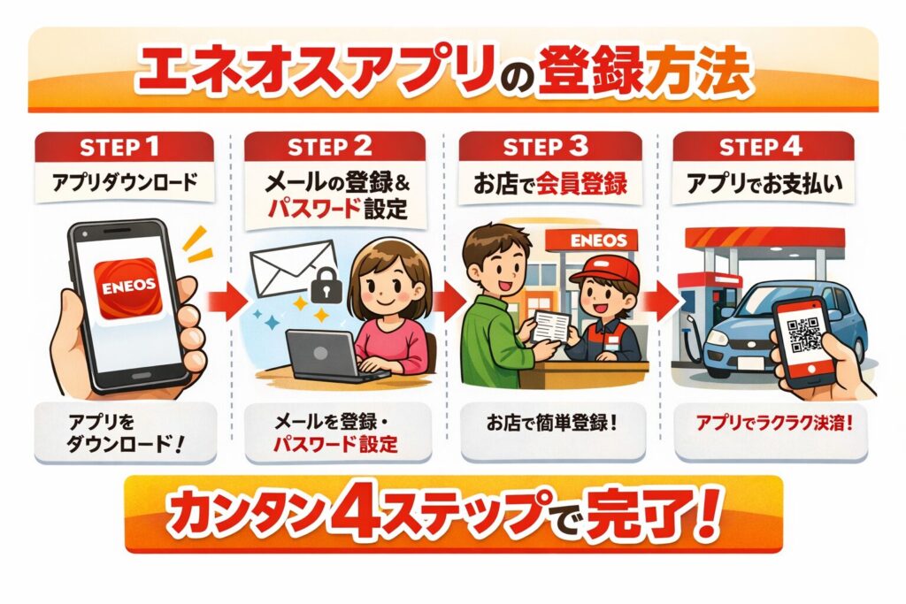 ENEOSアプリの登録方法を解説した図。アプリダウンロード→メール登録とパスワード設定→店舗で会員登録→アプリで支払いの4ステップ。
