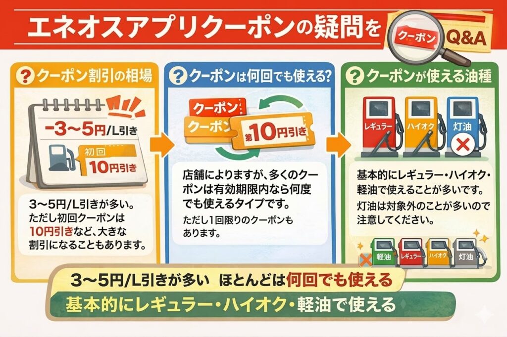 ENEOSアプリクーポンの疑問を解決するQ&Aインフォグラフィック。割引相場（3〜5円/L引き）、使用回数（何度でも使える）、使える油種（レギュラー・ハイオク・軽油）を修正済みの鮮明なテキストで図解しています。