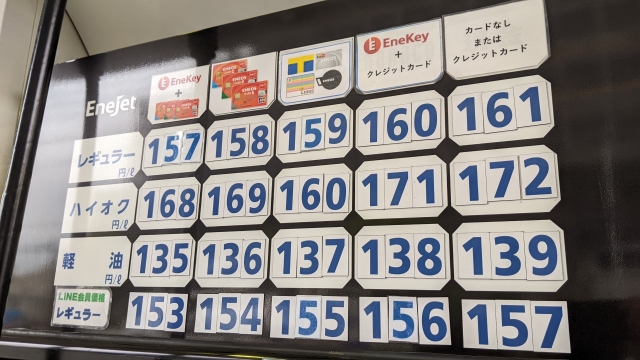 ガソリンスタンドの料金表示看板で、一般価格より安い「エネキー価格」を指し示している様子