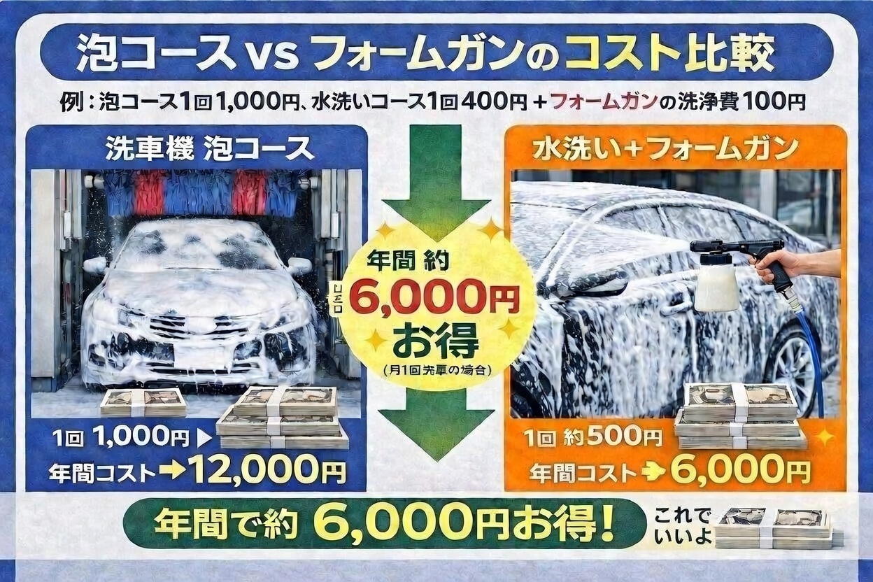 洗車機の泡コースとフォームガン洗車の年間コスト比較（約6000円差）