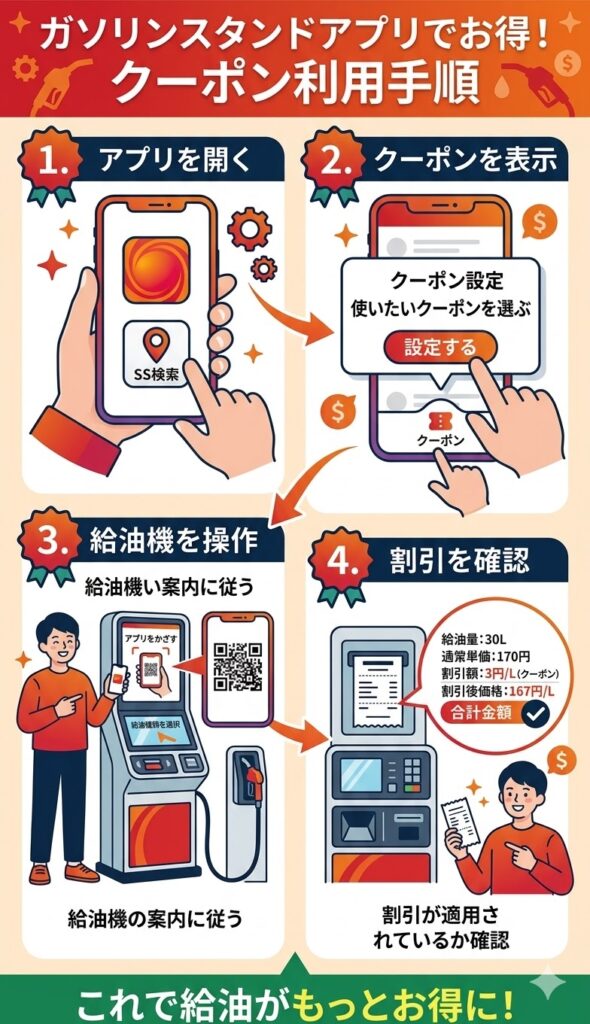 ガソリンスタンドアプリでクーポンを使って給油するまでの4ステップ解説イラスト（アプリを開く、クーポン設定、給油機操作、割引確認）