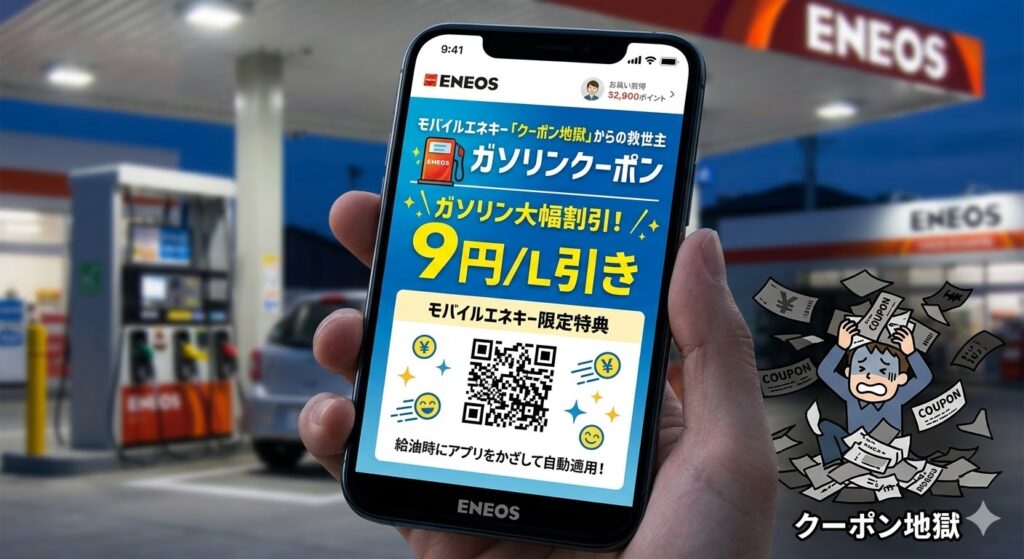 モバイルエネキーのアプリ画面に表示されたガソリンクーポン。アプリとエネオスカードの併用で9円引きになるイメージ。