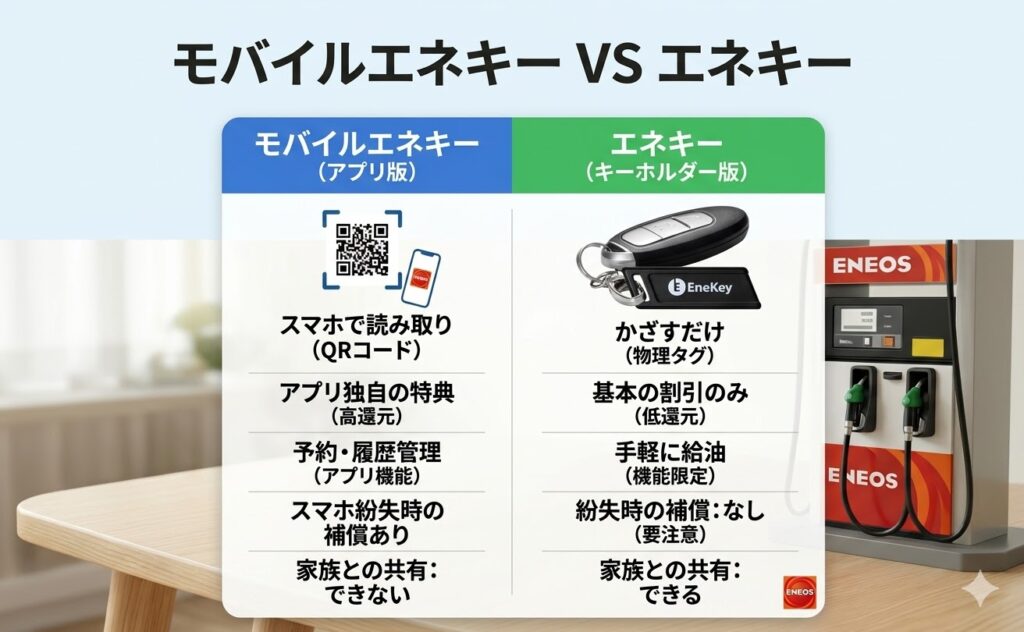モバイルエネキー（アプリ版）とエネキー（キーホルダー型）の機能比較表。支払い方法、特典、紛失補償、家族共有の可否を元店員視点で解説。