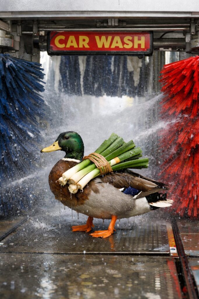 カモがネギを背負って洗車機に入っているイメージ（洗車機で高いコースを選びすぎるお客さんの例）