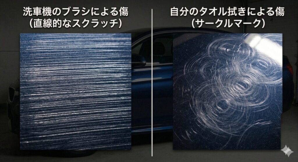 洗車機の直線的な傷と、手拭きのサークルマークの比較画像。元店員が違いを解説。