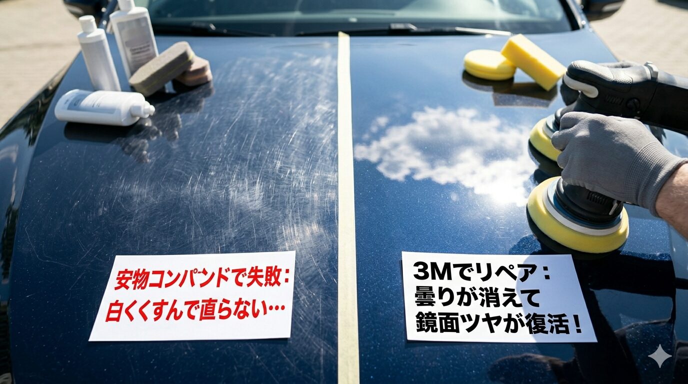 安物コンパウンドで白くくすんだ塗装と3Mでのリペア比較