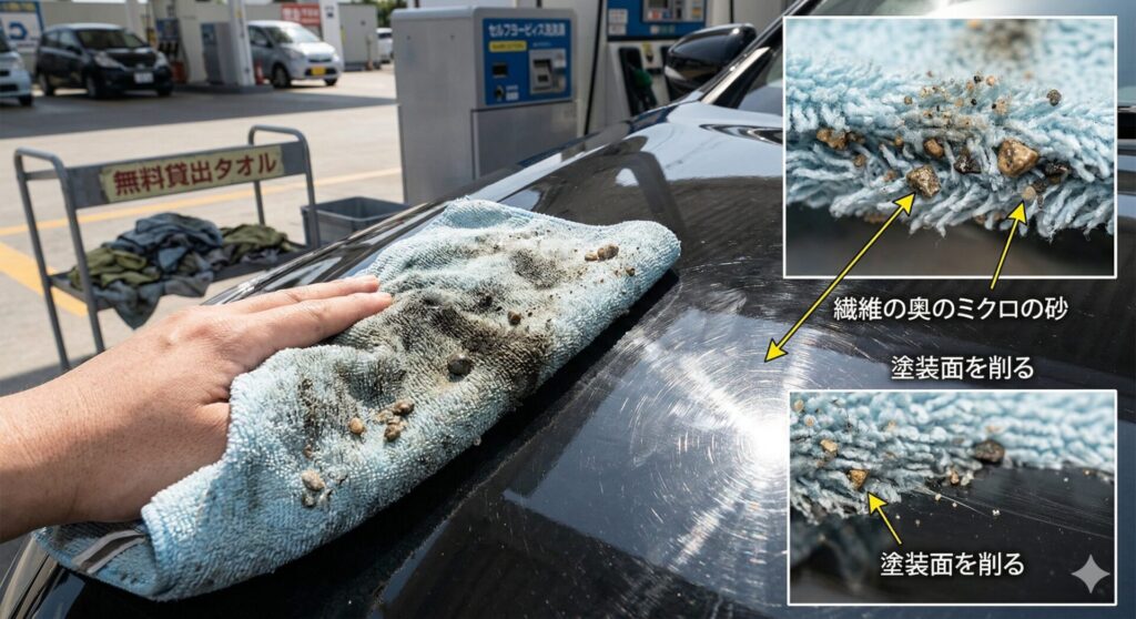 ガソリンスタンドの無料タオルで車に傷がつくイメージ。繊維の奥に潜む砂利が塗装を削る様子をプロが解説。