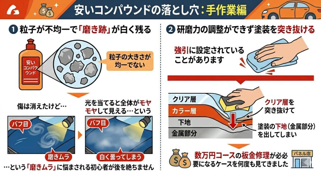 安いコンパウンドを使うと傷が入りやすくなる理由を説明している画像