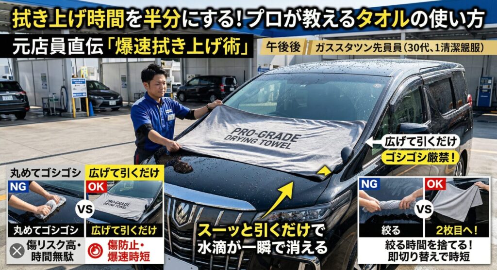 元ガソリンスタンド店員が教える爆速洗車タオル拭き上げ術。巨大な超吸水大判タオルを広げてボディに乗せ、手前にスーッと引くだけで、黒いミニバンの濡れた表面が一瞬で乾燥する様子。NG例（丸めて擦る、絞る）とOK例（広げて引く、2枚目へ）の比較付き。
